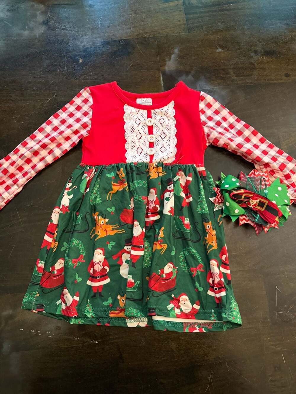 Girls Christmas Santa and Friends Long Sleeve Dress with Bow Size XS (12/18M)